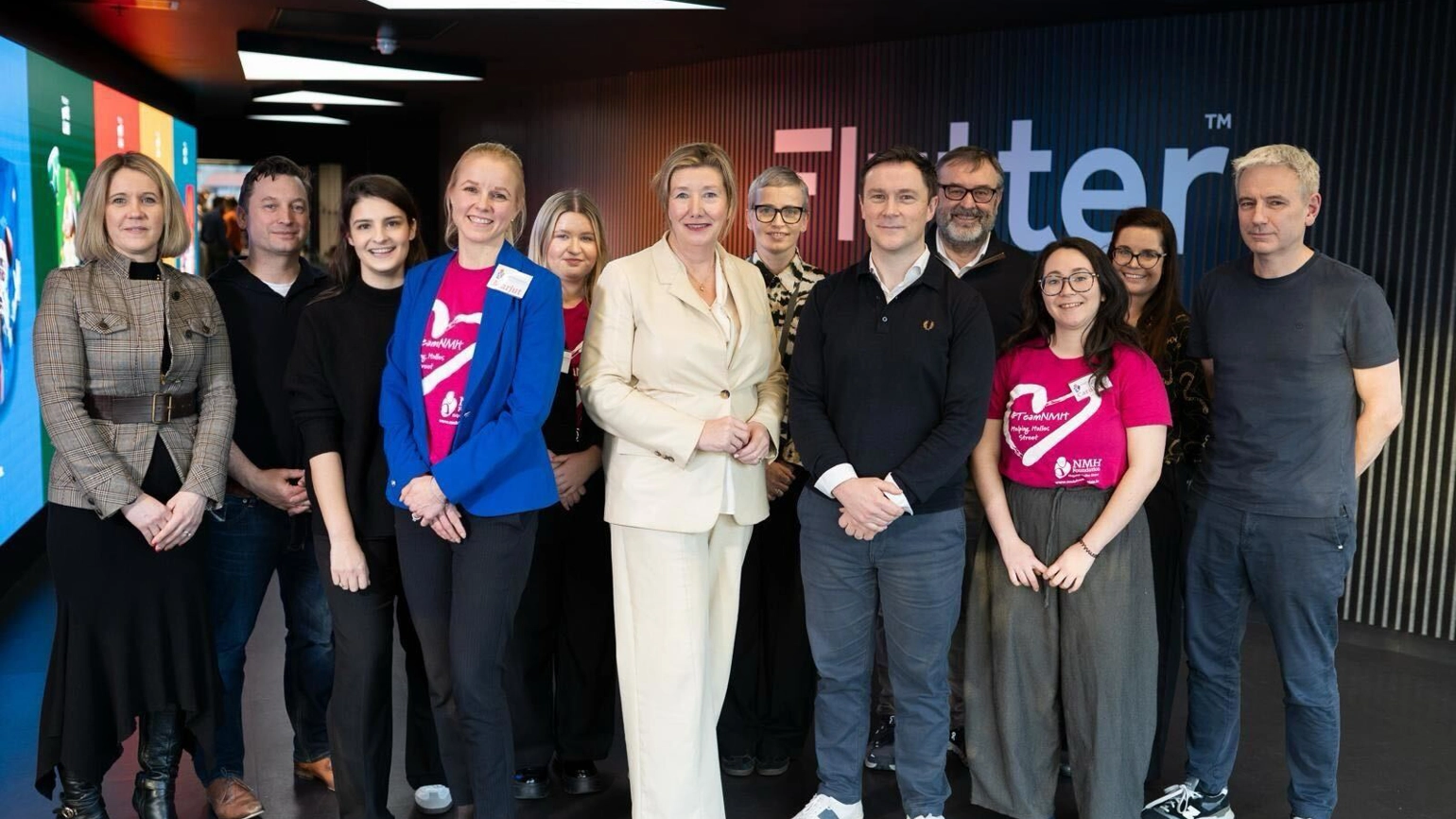 chair of the national maternity hospital foundation mary rose burke meets with flutter uki ireland ceo kevin harrington alongside several colleagues supporting flutter s 2025 irish charity of the year